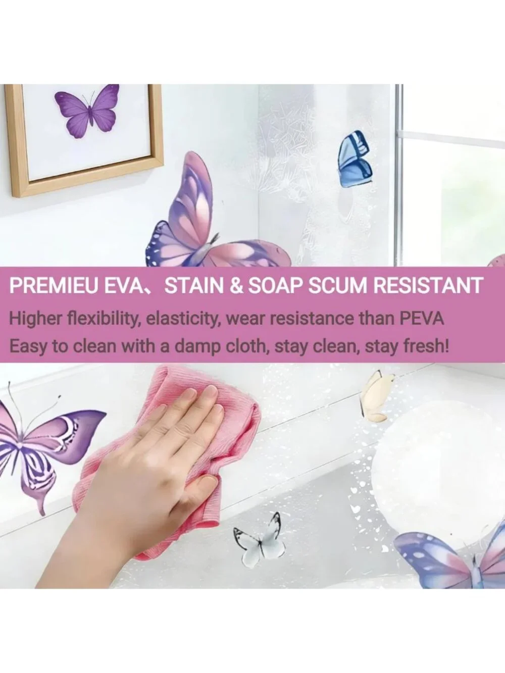 Colorful Clear Butterfly Shower Curtain Liner, 72x72 Waterproof with Hooks